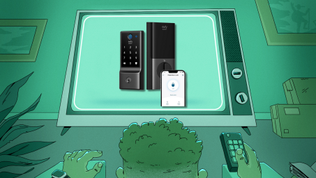 Man watching television screen displaying an Eufy Security Smart Lock C220.