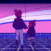 An illustration of a mother and daughter standing in front of a giant growth chart within a digital grid space like a holodeck