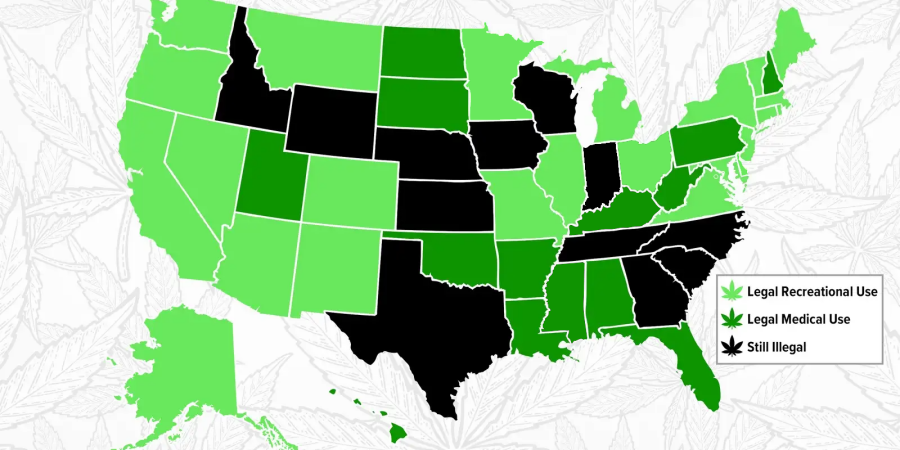 A color-coded map of the US with states shaded in different hues for where recreation and medical cannabis are legal or illegal