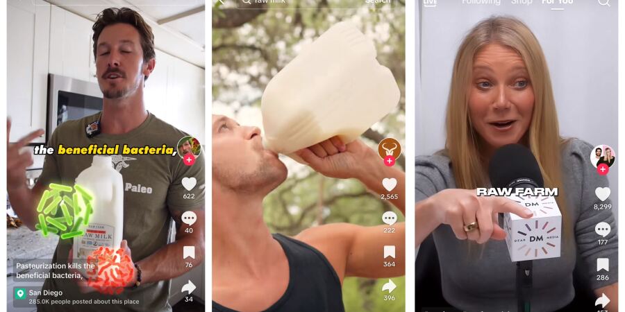 Screenshots of people promoting raw milk on TikTok. One is Gwyneth Paltrow