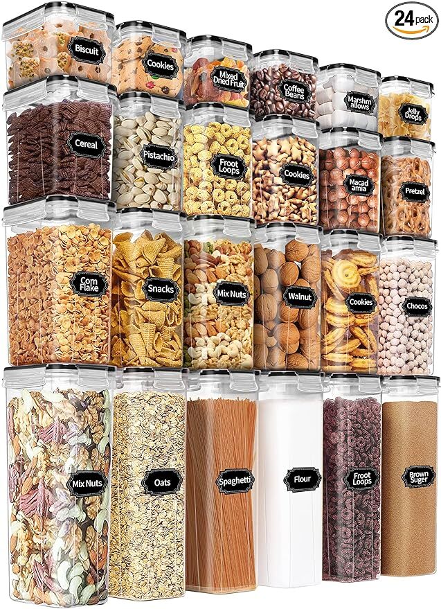 PRAKI Airtight Food Storage Containers Set with Lids - 24 PCS, BPA Free Kitchen and Pantry Organization, Plastic Leak-proof Canisters for Cereal Flour & Sugar