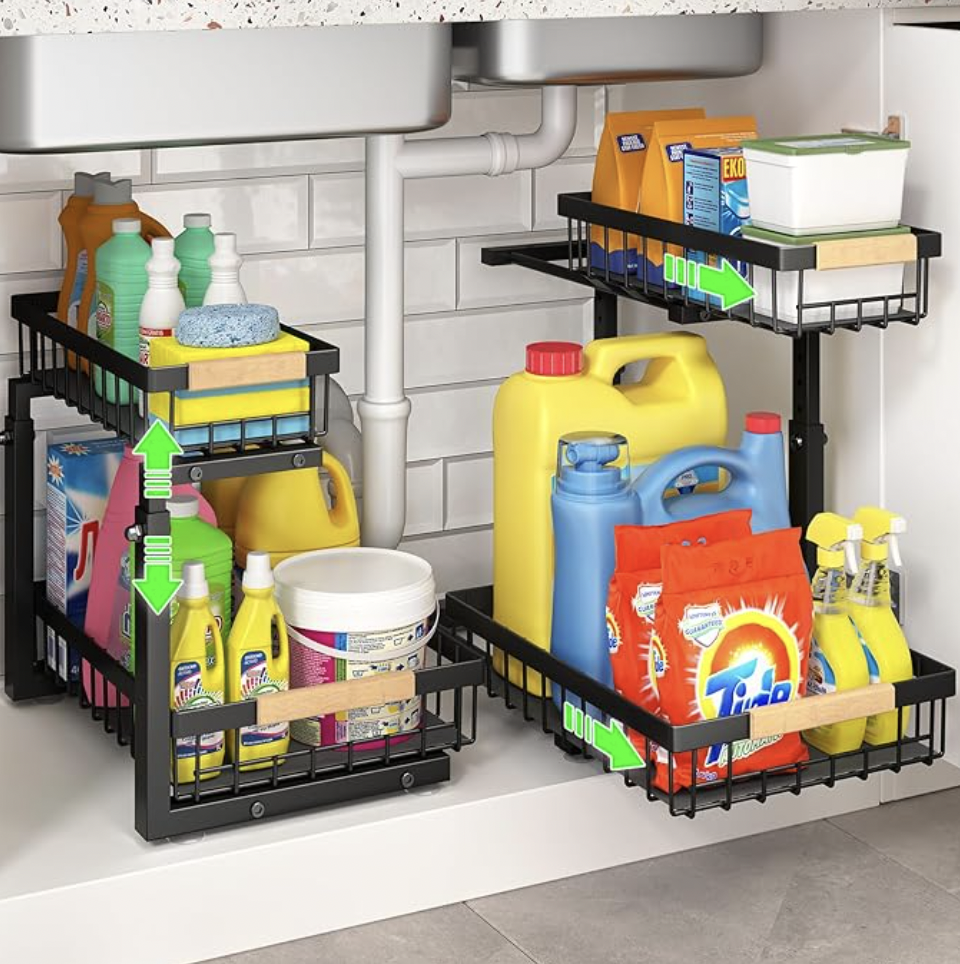 Under Sink Organizer, 2 Packs 2 Tier Under Sink Organizers and Storage, Slide out Pull out Cabinet Organizer Shelf