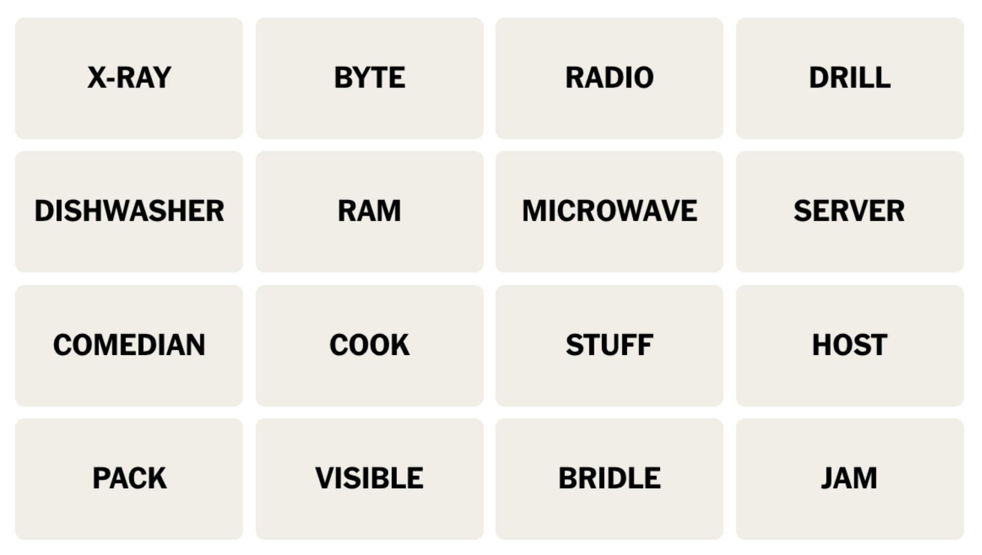 NYT Connections board for August 7, 2024: X-RAY, BYTE, RADIO, DRILL, DISHWASHER, RAM, MICROWAVE, SERVER, COMEDIAN, COOK, STUFF, HOST, PACK, VISIBLE, BRIDLE, JAM.