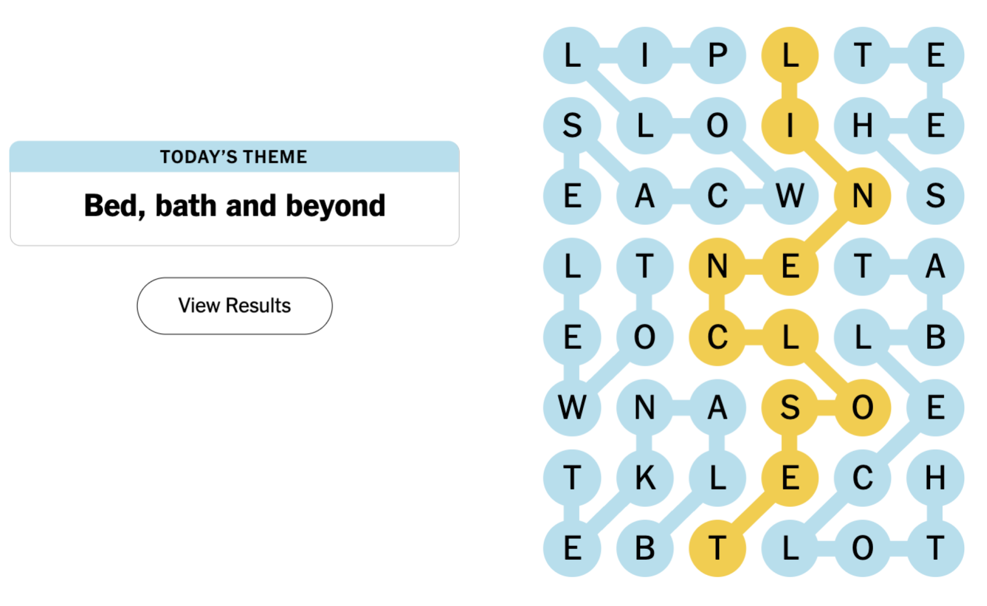 Completed NYT Strands board for August 6, 2024: Bed, bath, and beyond.