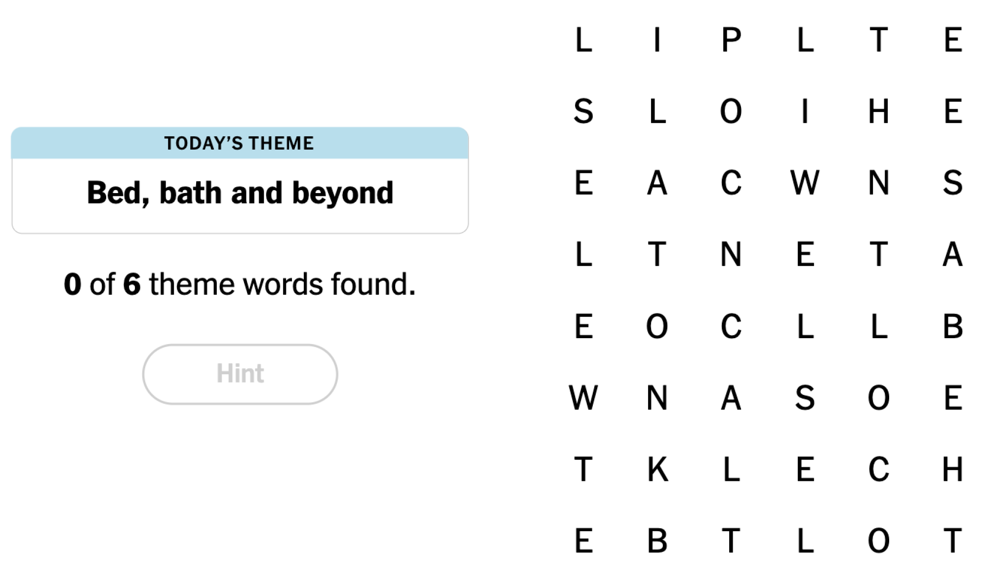 NYT Strands board for August 6, 2024: Bed, bath, and beyond.